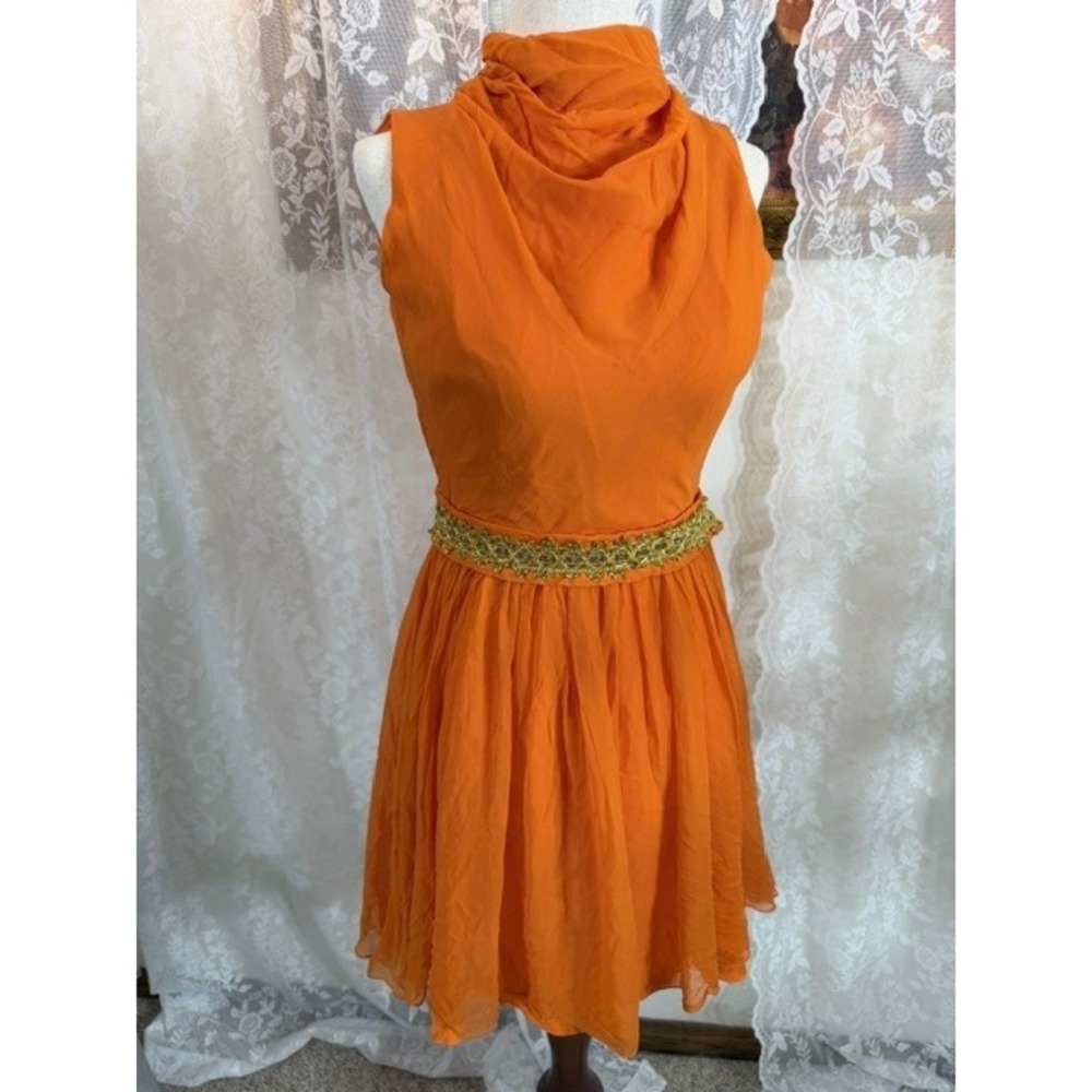 Vintage Miss Theme NY Orange Chiffon Cowl Neck Dress Gold Rhinestone Belt Sz 8